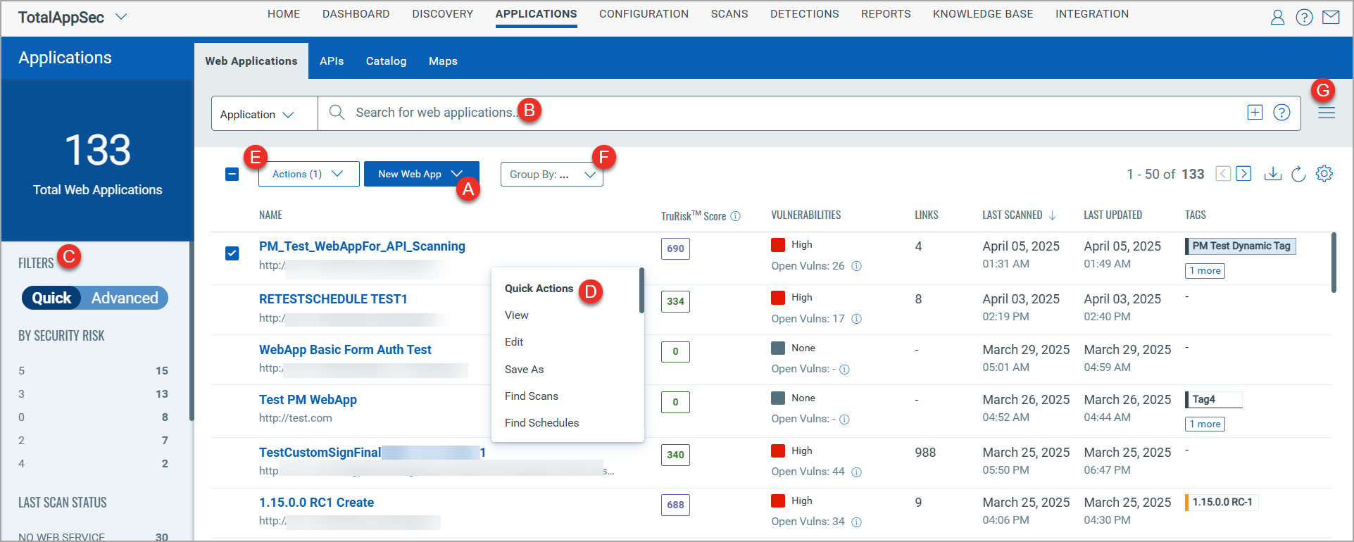 WEb application tab show web applications list.